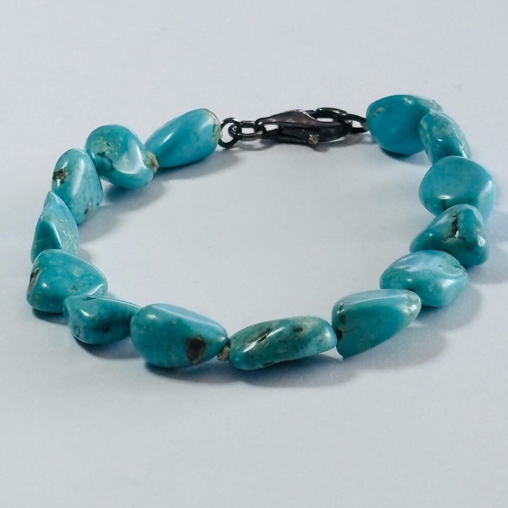 Turquoise Nugget Bead Bracelet Silver Tone Clasp Southwestern Boho - Picture 2 of 7